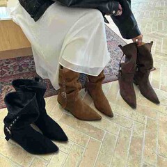 西部牛仔靴女2025新款复古尖头粗高跟骑士靴短筒靴