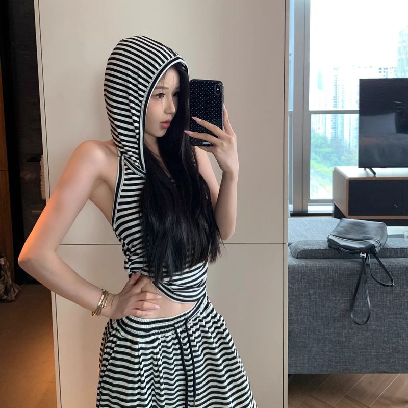 辣妹时尚条纹露背无袖连帽背心抽绳宽松休闲长裤套装女夏季两件套|undefined