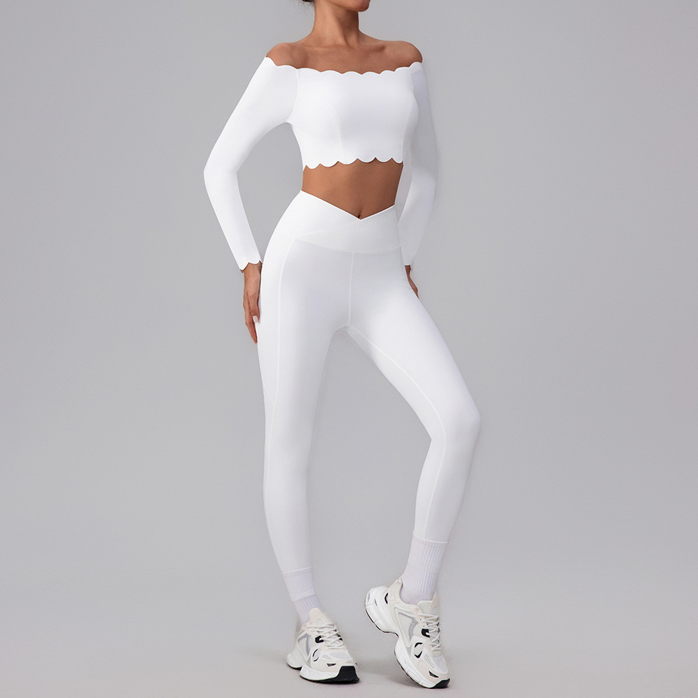 Europeos y estadounidenses un hombro trajes de yoga set top con cojín de pecho bra deportivo encaje pequeño hombro cortado mangas largas mujeres