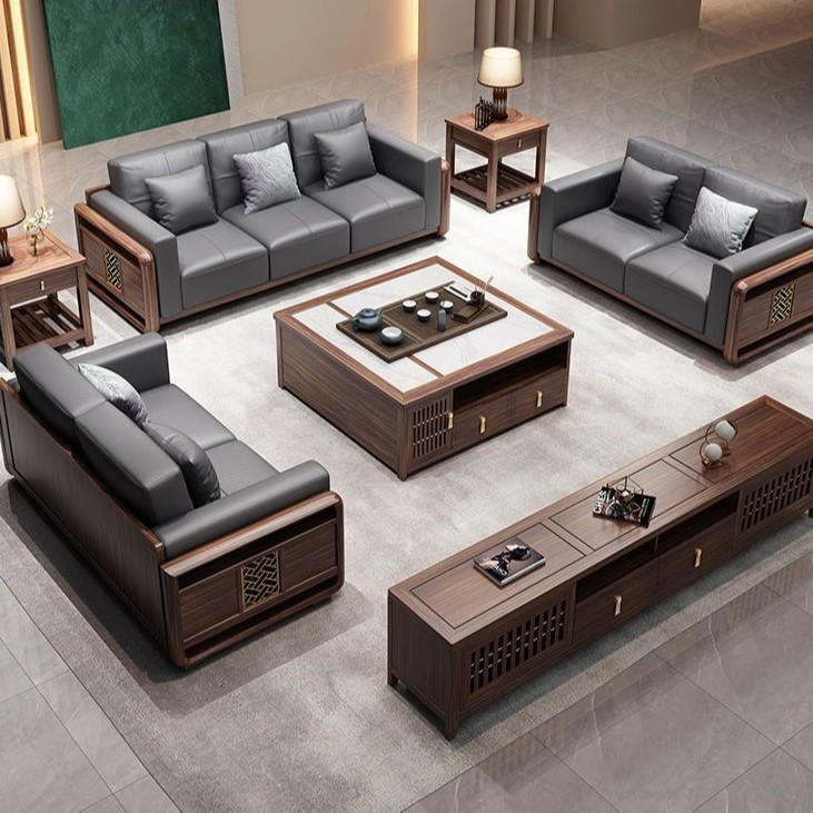 新中式实木沙发乌金木真皮组合现代简约大小户型轻奢别墅客厅家具