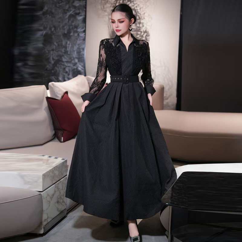 Women's Lapel Collar Long-sleeved Lace Beads Jacquard A-line Long Shirt Dress | eBay Women's Lapel Collar Long-sleeved Lace Beads Jacquard A-line Long Shirt Dress | eBay