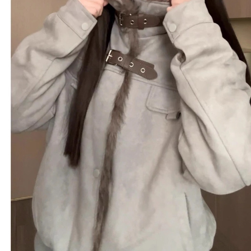 Winter Sweet and Cool Style Loose Casual Short Jacket Top American Fur Stitching Stand Collar Fleece-Lined Cotton Coat for Women