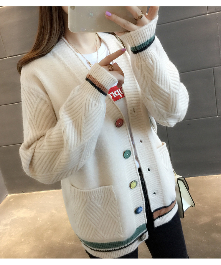 Women's Clothing Knitted Sweater V Neck All match Small Cardigan Jacket Women's Colorblock Sweater _voghion.com