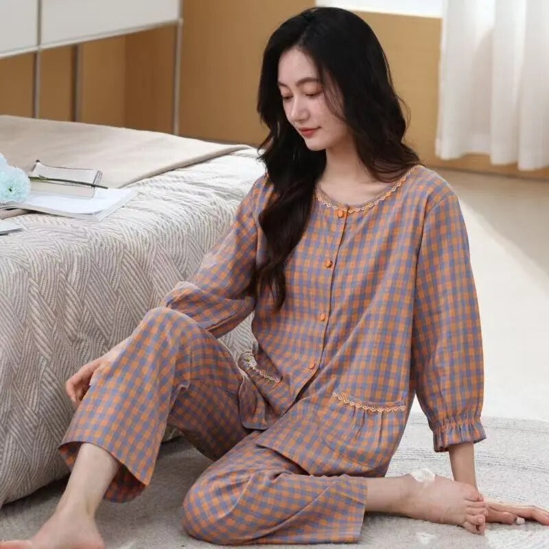 Women's Summer Pajamas Cardigan Three-Quarter Sleeve Cloud-Woven Cotton Home Wear Set Thin Style Spring and Summer Wholesale Cross-Border Women's Summer Pajamas Cardigan Three-Quarter Sleeve Cloud-Woven Cotton Home Wear Set Thin Style Spring and Summer Wholesale Cross-Border