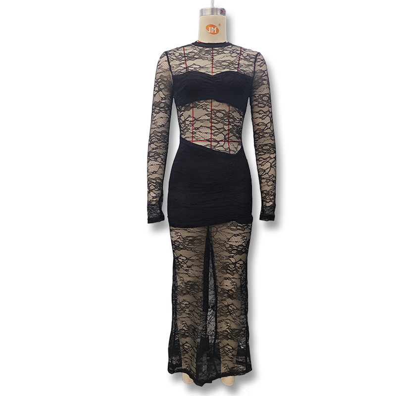 Ropa de mujer europea y americana transfronteriza 2025 primavera nuevo estilo chica caliente sexy transparente hueco largo delgado vestido de cadera image 6