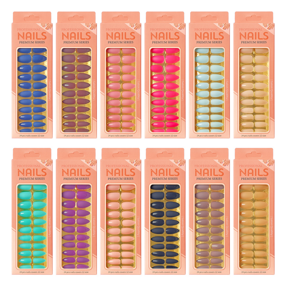 Uñas postizas removibles de color sólido brillante, 24 piezas, puntas de uñas largas en forma de almendra en una caja de papel, uñas de longitud media para decoración de uñas.