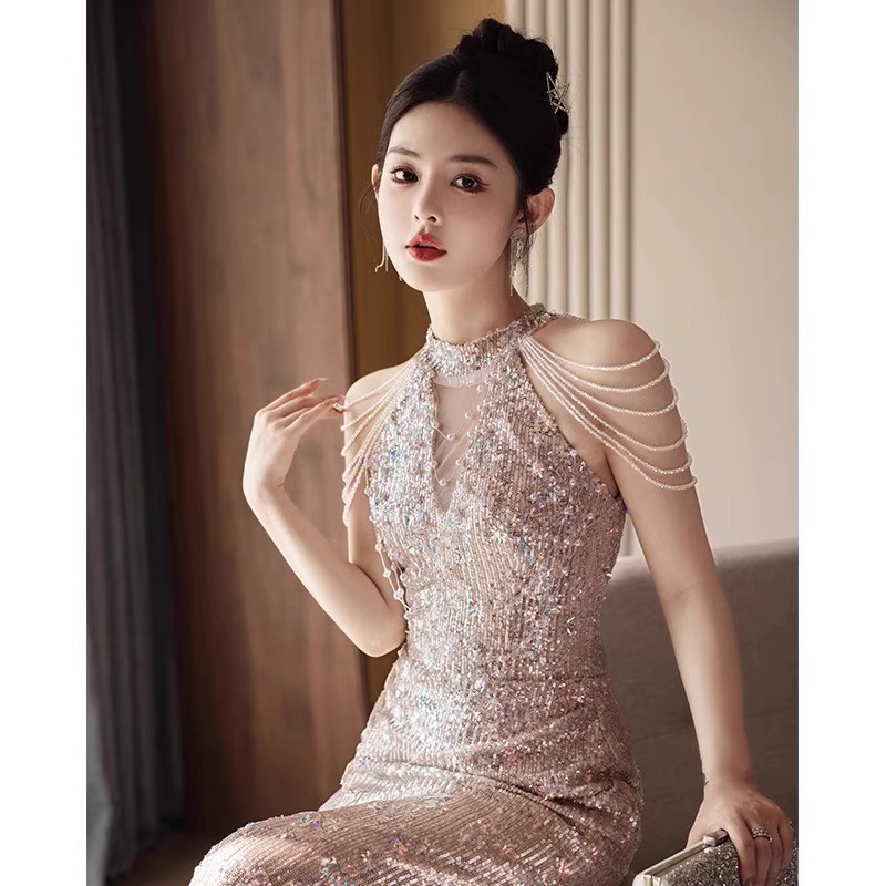 Evening Dress Champagne Color Fishtail Skirt for Women with Sequins, High-End Light Luxury Niche Engagement Temperament Banquet Host with a Sense of Sophistication
