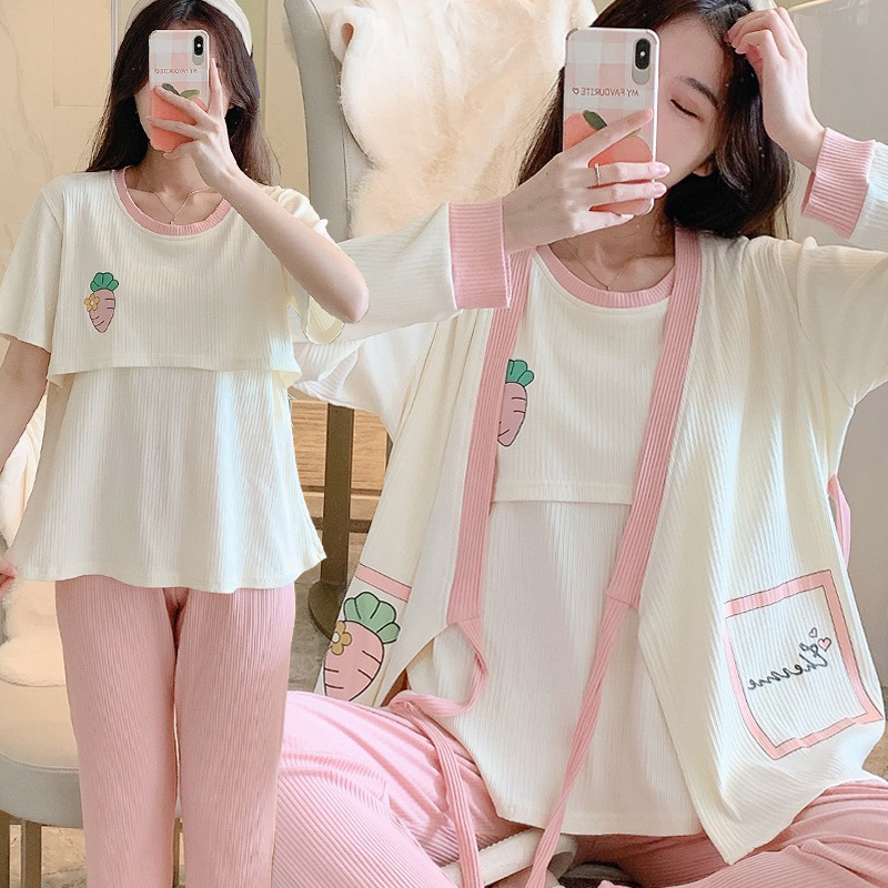 Confinement clothing spring and autumn cotton postpartum nursing pajamas summer three-piece suit May 6 thin Maternity Nursing
