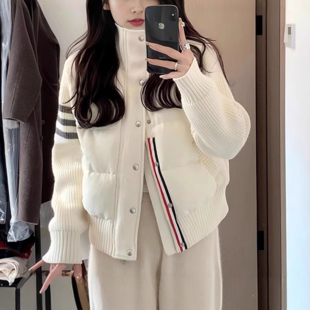 小个子穿搭针织拼接羽绒棉服女短款TB冬季休闲外套女立领棉衣加厚