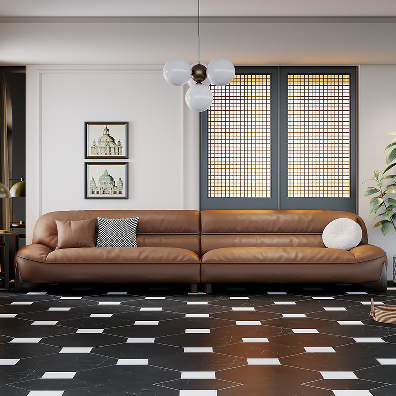 Arena de cuero real moderna simple y lujoso, esponja marrón de alta densidad, estilo de hogar pequeño, línea recta y lujoso.