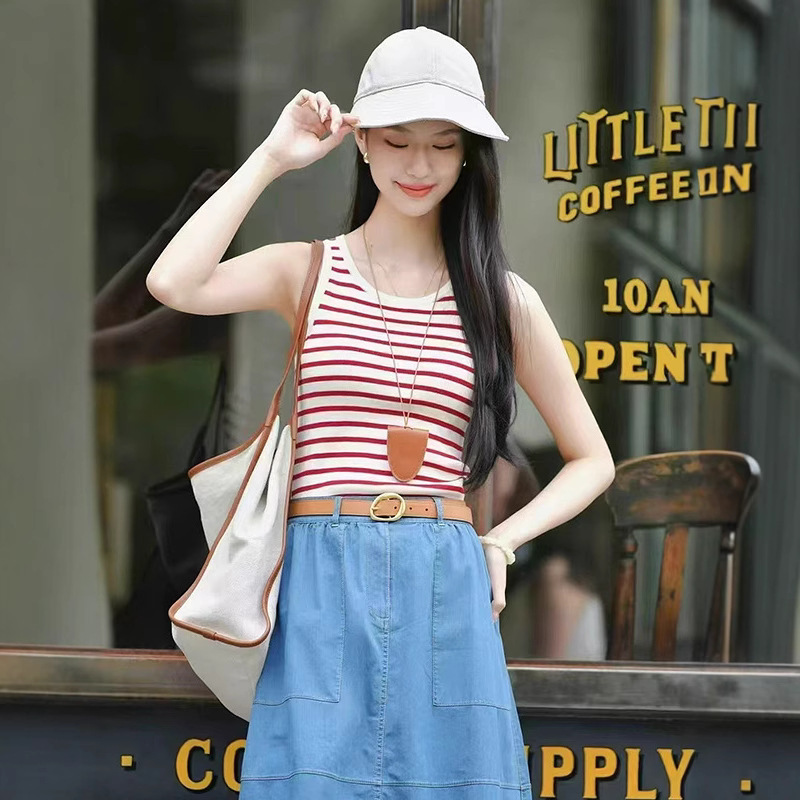 Round Neck Red and White Stripesd Thin Pure Cotton Sleeveless Knitwear 2025 Summer New Women's Work Clothing Slim Vest Top