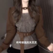 辣妹轻熟风假两件上衣韩版冬季新款设计感女人味系带收腰小衫