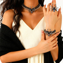 欧美跨境哥特风暗黑朋克夸张万圣节镶钻蜘蛛项链手链戒指套装女男