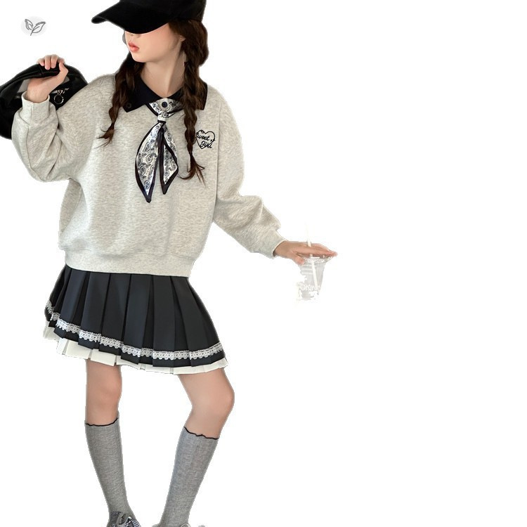 女童学院风套装2025年秋季新款撞色卫衣假两件百褶裙两件套中大童|undefined