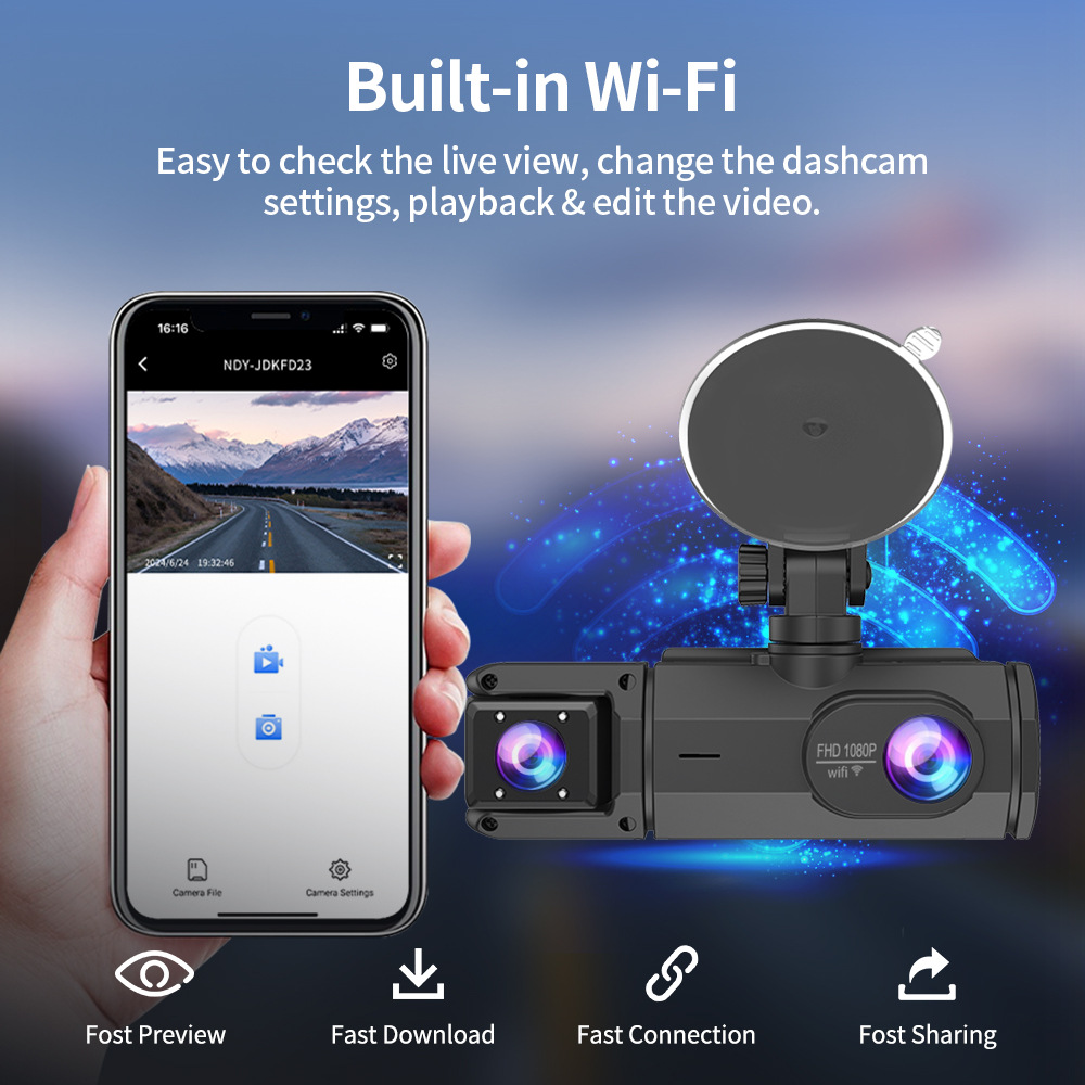 Cross-Border Hot-Selling Model: 3-Camera Simultaneous Display Dashcam with High-Definition Wifi and Mobile Phone Connectivity, Parking Monitoring Recorder