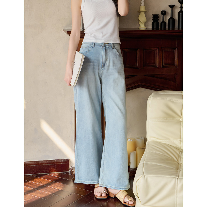 Rongtai Cotton light blue Washed Denim Pants Women's 2025 Spring New Nostalgic Fashion Straight Leg Pants