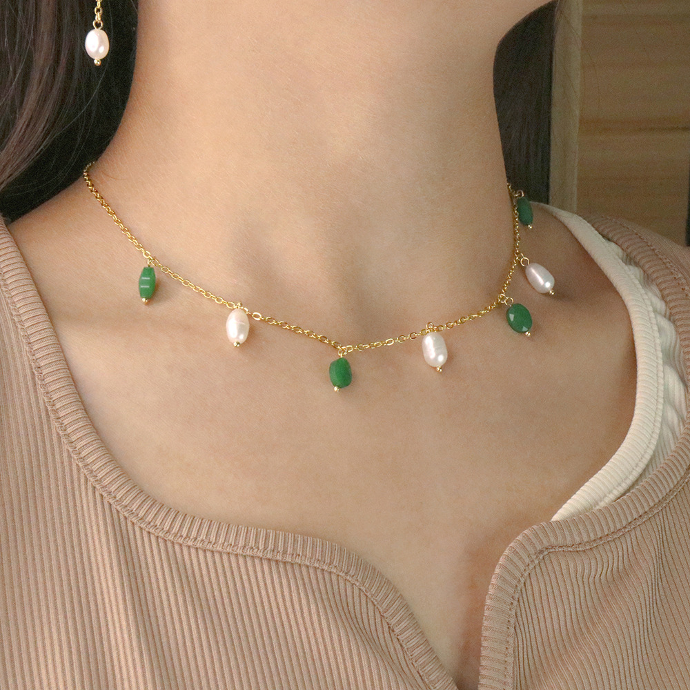 Fashion Tassel Copper Artificial Gemstones Pearl Earrings Necklace