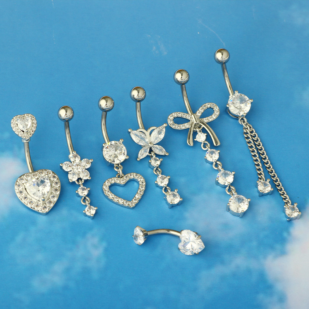 Amazon Hot Sale 5PCS Silver Navel Ring Set Stainless Steel Super Flash CZ Belly Button Jewelry detail image 5