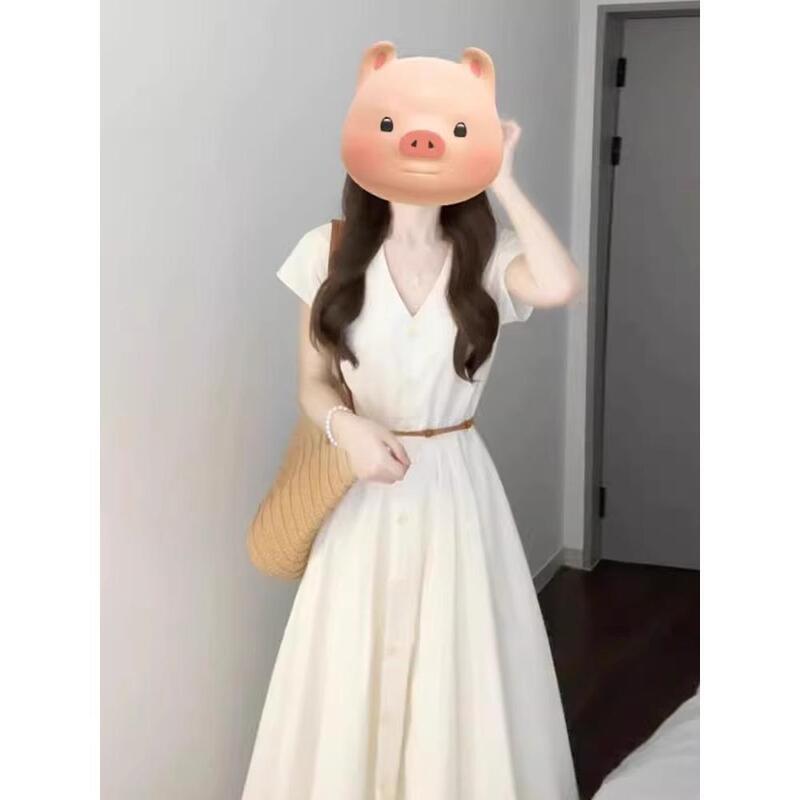 Apricot Dress Summer Casual New Popular Style French Pinch Waist Shirt V-Neck Petite Elegant Long Skirt Apricot Dress Summer Casual New Popular Style French Pinch Waist Shirt V-Neck Petite Elegant Long Skirt