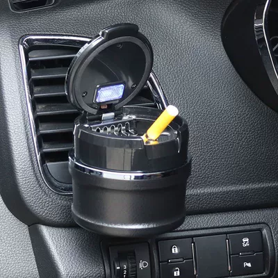 Car-Mounted Ashtray with Ceramic Liner, Led Light, Dual-Purpose Bracket for Air Vent, Creative Design, Can Be Hung (Car ashtray) - black-border
