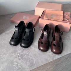 纯原MIU胎水牛皮法式复古镂空厚底玛丽珍小众设计中跟t字带单鞋女