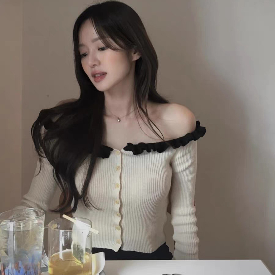 (2개) 이제 2024 년 가을 새로운 한국 동쪽 게이트 오버 듀어 * 감각 기질 러플 숄더 니트 재킷