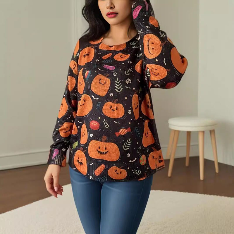 Cross-Border European and American Halloween Funny Pumpkin Print Long-Sleeved Pullover Sweater Autumn New Style Women's Loose Casual Wear