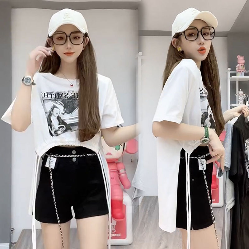 Super plus size 1.00 kg-150.00 kg chubby girl Summer New Character Letter Printing Front Short Back Long Drawstring Hem Short Sleeve T-Shirt for Women