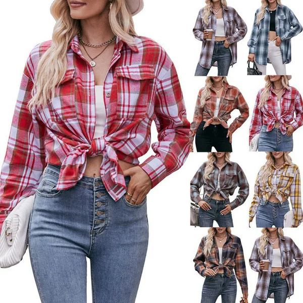 Cross-Border European and American Women's Clothing 2025 New Shirt Amazon Autumn and Winter Casual Fashion Loose Plaid Pocket Shirt for Women