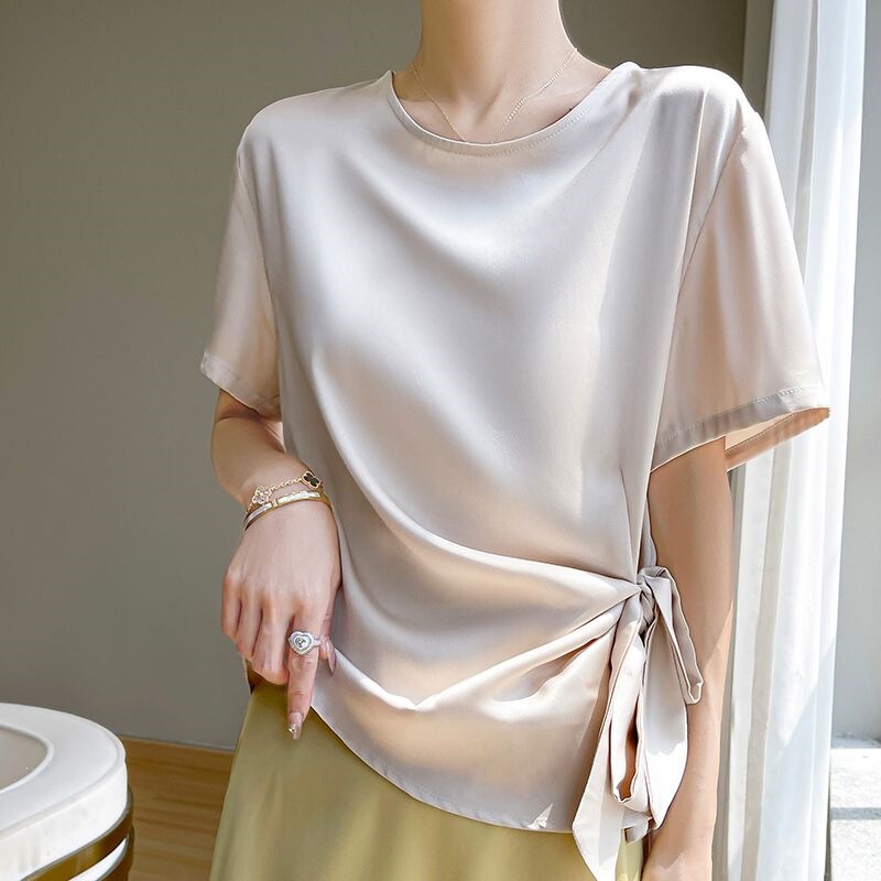Silk Shirt with Bow Tie Design, Summer Waist-Cinching Acetate Satin Blouse, Slimming Short-Sleeve T-Shirt Top