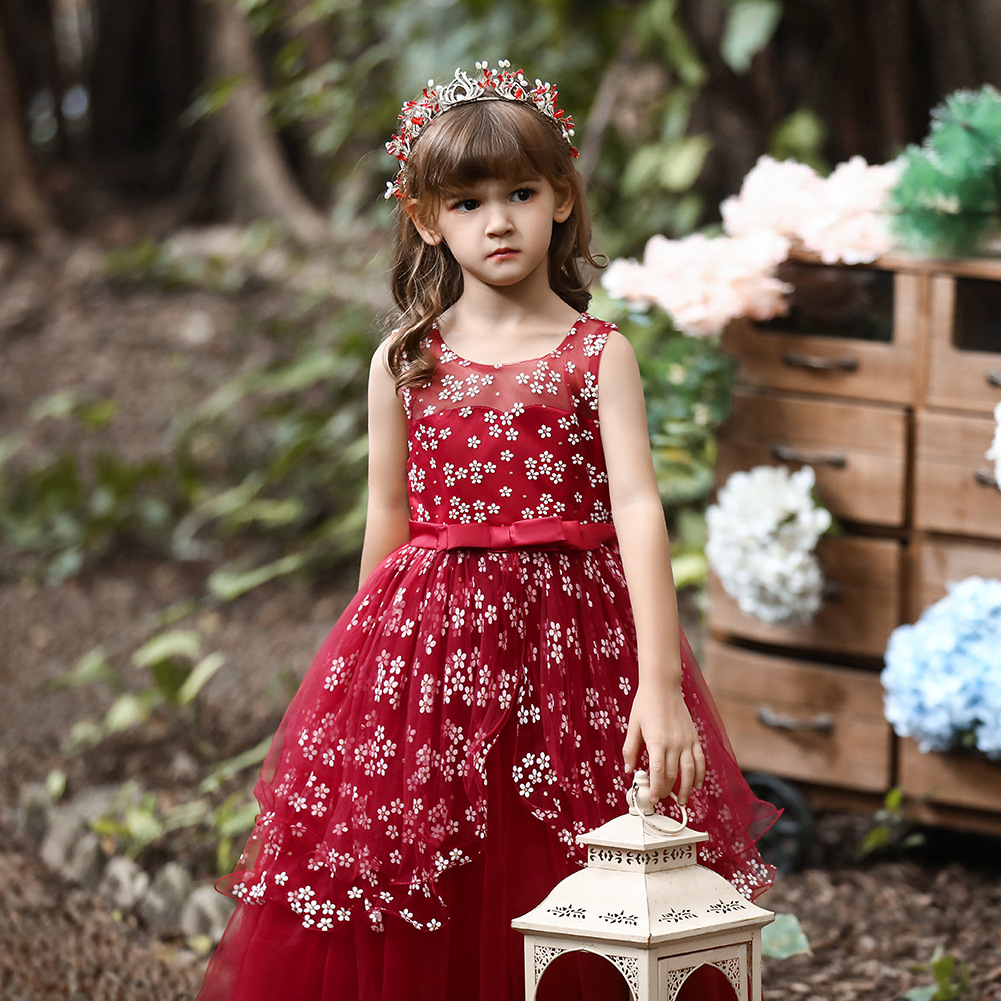 跨境专供亚马逊女童公主裙花童婚纱礼服女孩蝴蝶结小拖尾连衣裙