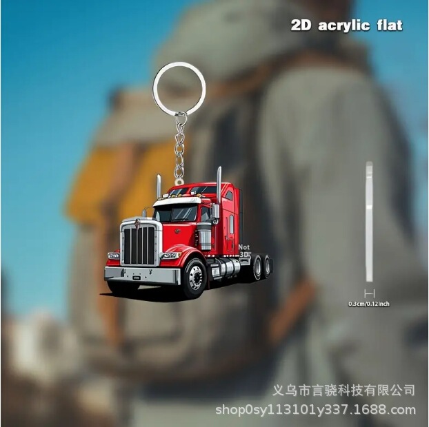 Cross-border New Acrylic 2D Flat to Red Truck Creative Car Keychain Pendant Backpack Decoration