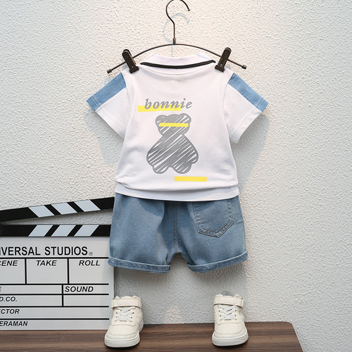 Children's new summer short-sleeved suit, baby boy, fashionable denim shorts two-piece set, children's clothing one piece drop shipping
