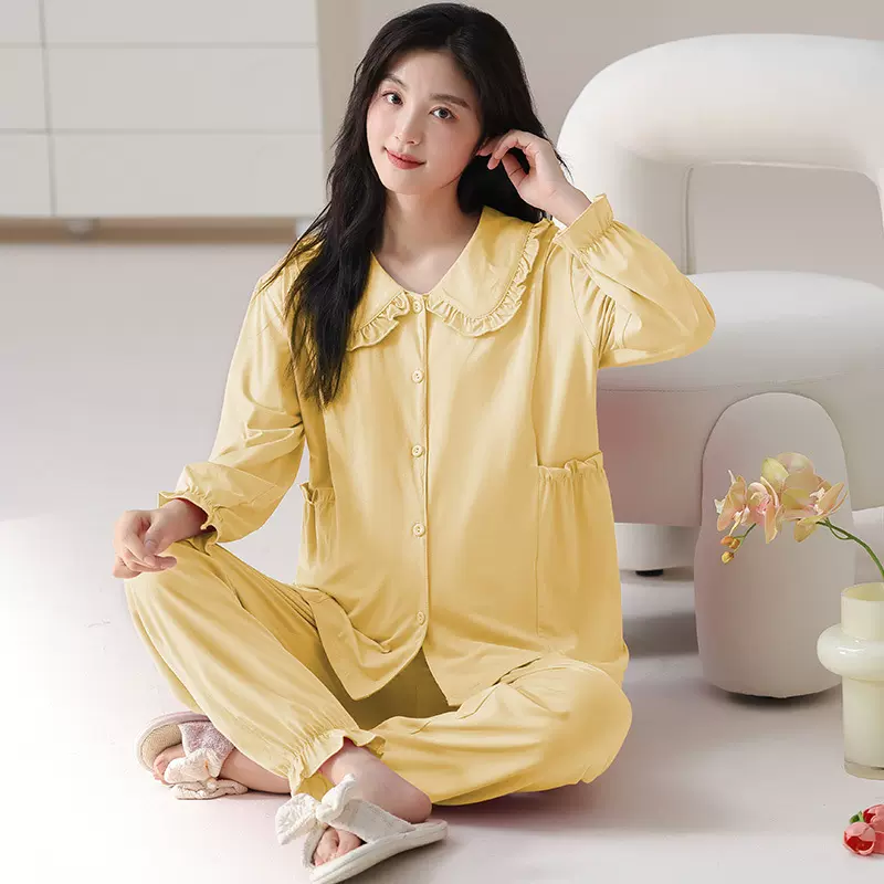 BY纯棉月子服2025春秋款新款长袖纯色开衫孕妇产后哺乳家居服套装