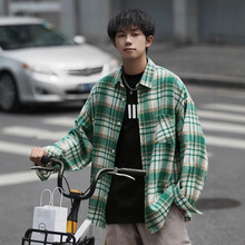 高品质帅气长袖格子衬衫春秋男生宽松潮流小清新情侣休闲撞色外套