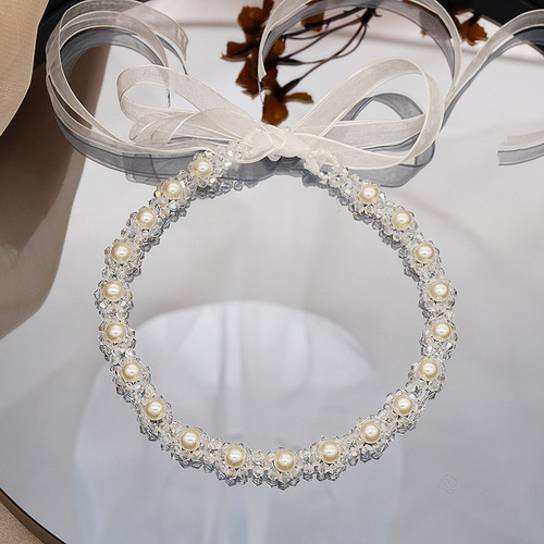 Dual-purpose pearl crystal hairband necklace Internet celebrity temperament super fairy bow crystal tie hair accessories headband necklace for women