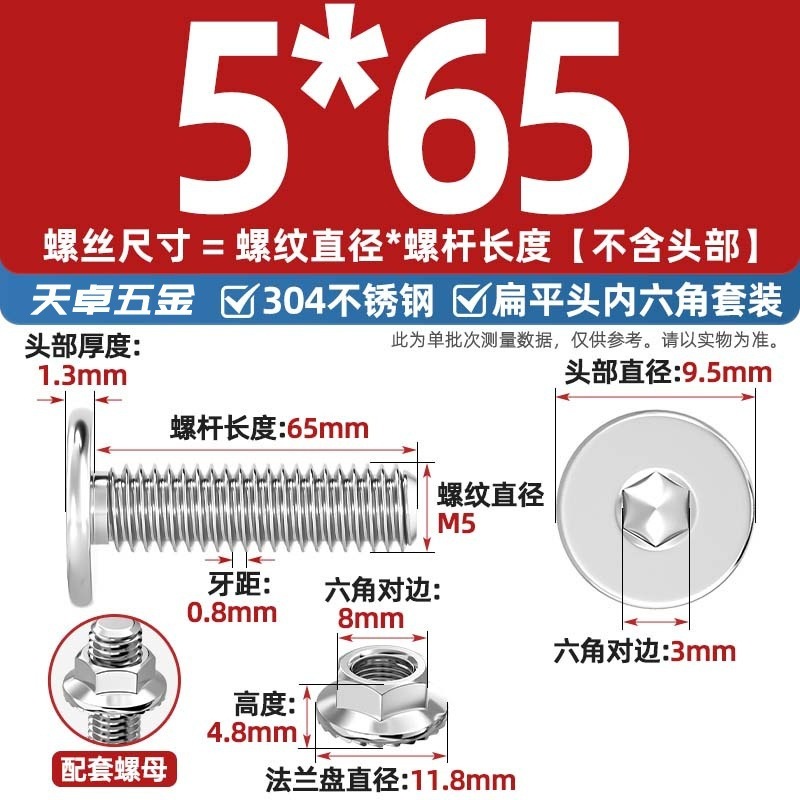 304不锈钢CM大平头超薄头C头扁平头内六角螺丝钉法兰边螺母套装M5|undefined