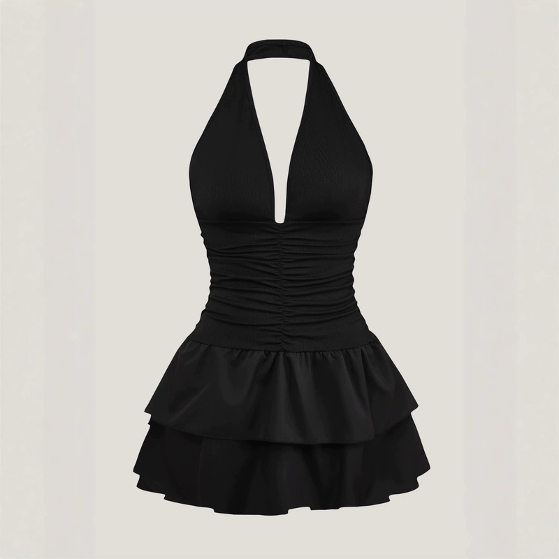 European and American Cross-Border Women's Halter Neck Off-Shoulder Backless Dress with Pleated V-Neck, Ribbed Material, Woven Double-Layer Hem European and American Cross-Border Women's Halter Neck Off-Shoulder Backless Dress with Pleated V-Neck, Ribbed Material, Woven Double-Layer Hem