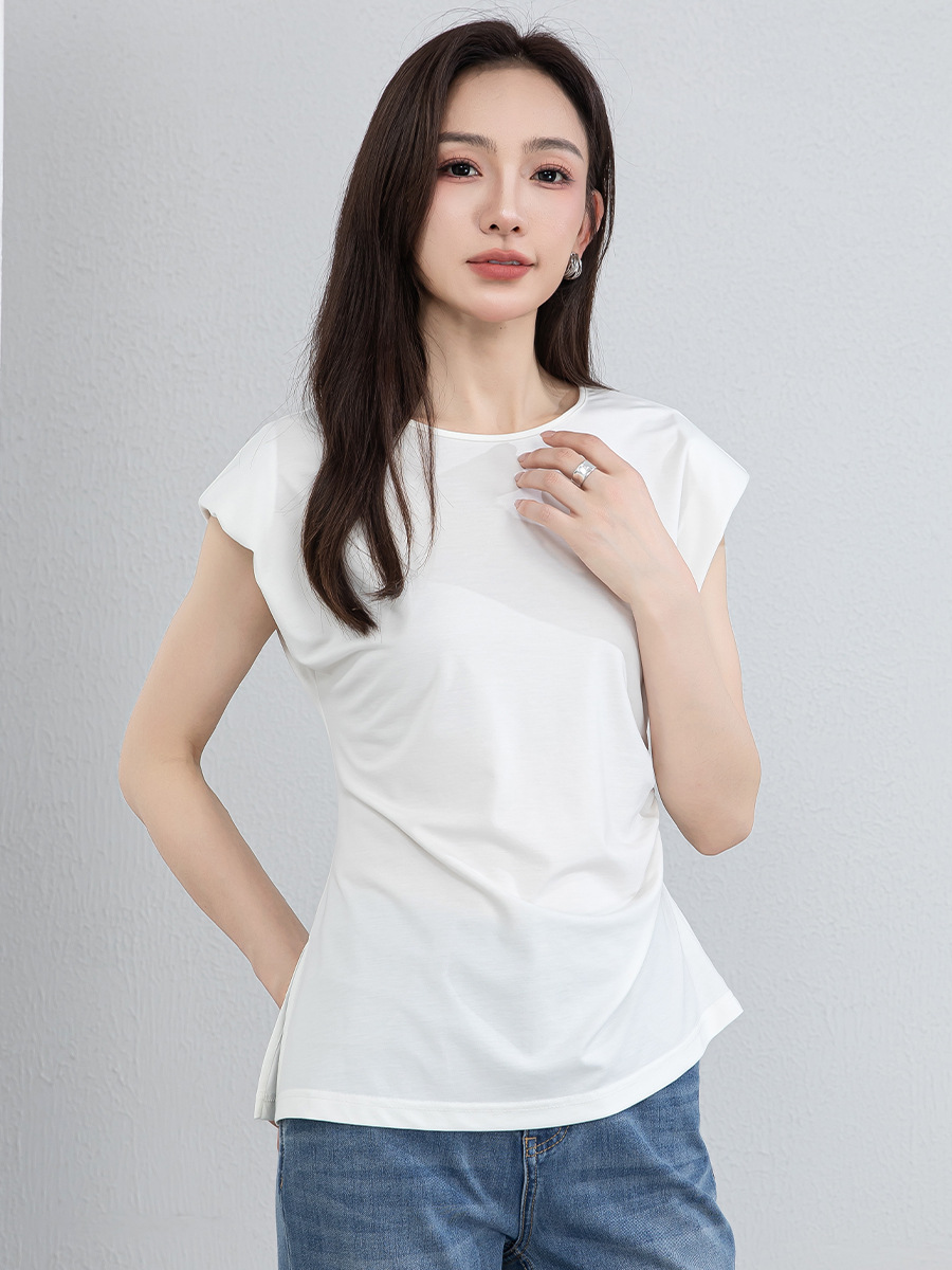 Áo thun nữ không tay cổ tròn chất liệu tơ tằm dệt kim thiết kế xếp li bên hông tạo hiệu ứng thon gọn — màu đen