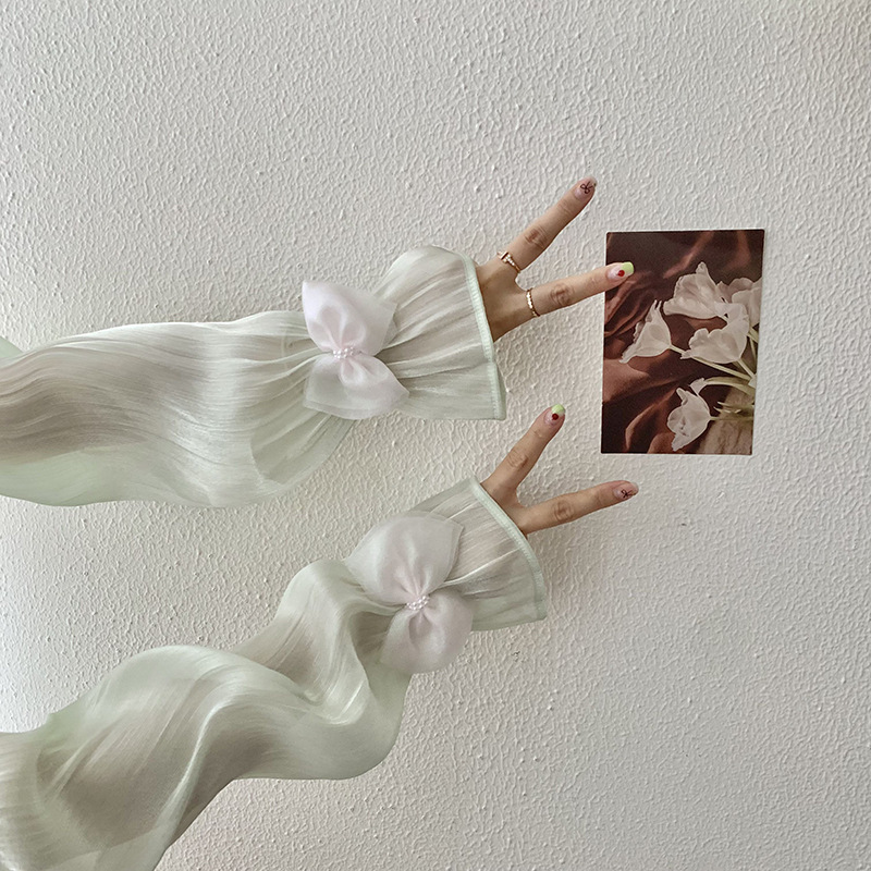 Mangas de hielo, mangas de protección solar, verano, nuevo estilo, temperamento elegante, gasa de malla, lazo, mangas abullonadas sueltas, protección de mangas, protección de brazos