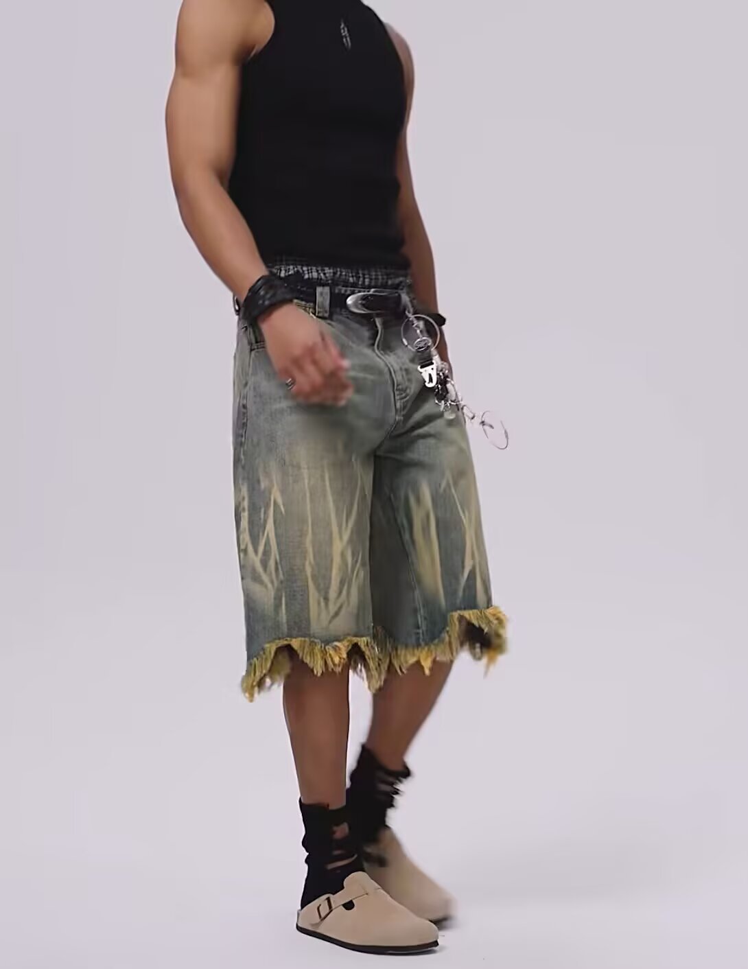 Men's And Women's Trendy Brand Dyed Yellow Mud Washed Distressed Denim Shorts Loose Five Point Style_mkmklike.com