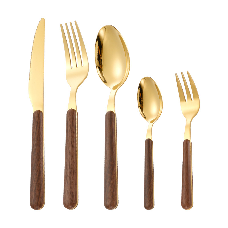 Celebridad de Internet transfronteriza ins imitación mango de madera filete cuchillo de acero inoxidable, tenedor y cuchara grano de madera Hotel cuchara chapada en oro vajilla de acero inoxidable