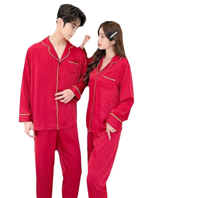 New couple pajamas, women's spring and autumn ice silk long sleeved pants, loose fitting home clothing, men's large autumn casual set