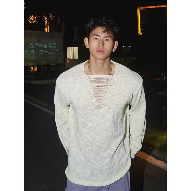 Spring and Autumn Tension Hollow-out Knitwear Men's Deep V Lazy Style Pullover Sweater Men's Thin Destruction Design Top