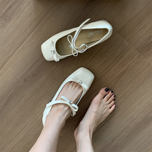 白色玛丽珍鞋女鞋子2023年春秋新款方头仙女风蝴蝶结法式粗跟单鞋
