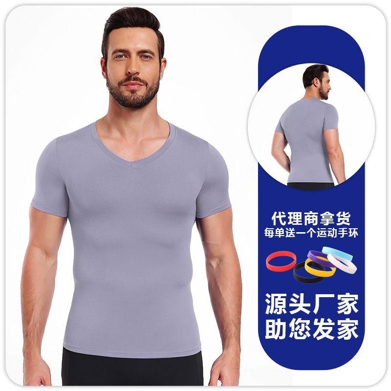 Hombres camiseta de cuello en V ajustado de color sólido de alto elástico camiseta deportiva de base rápida secado transpirable acondicionamiento físico correr baloncesto mangas cortas