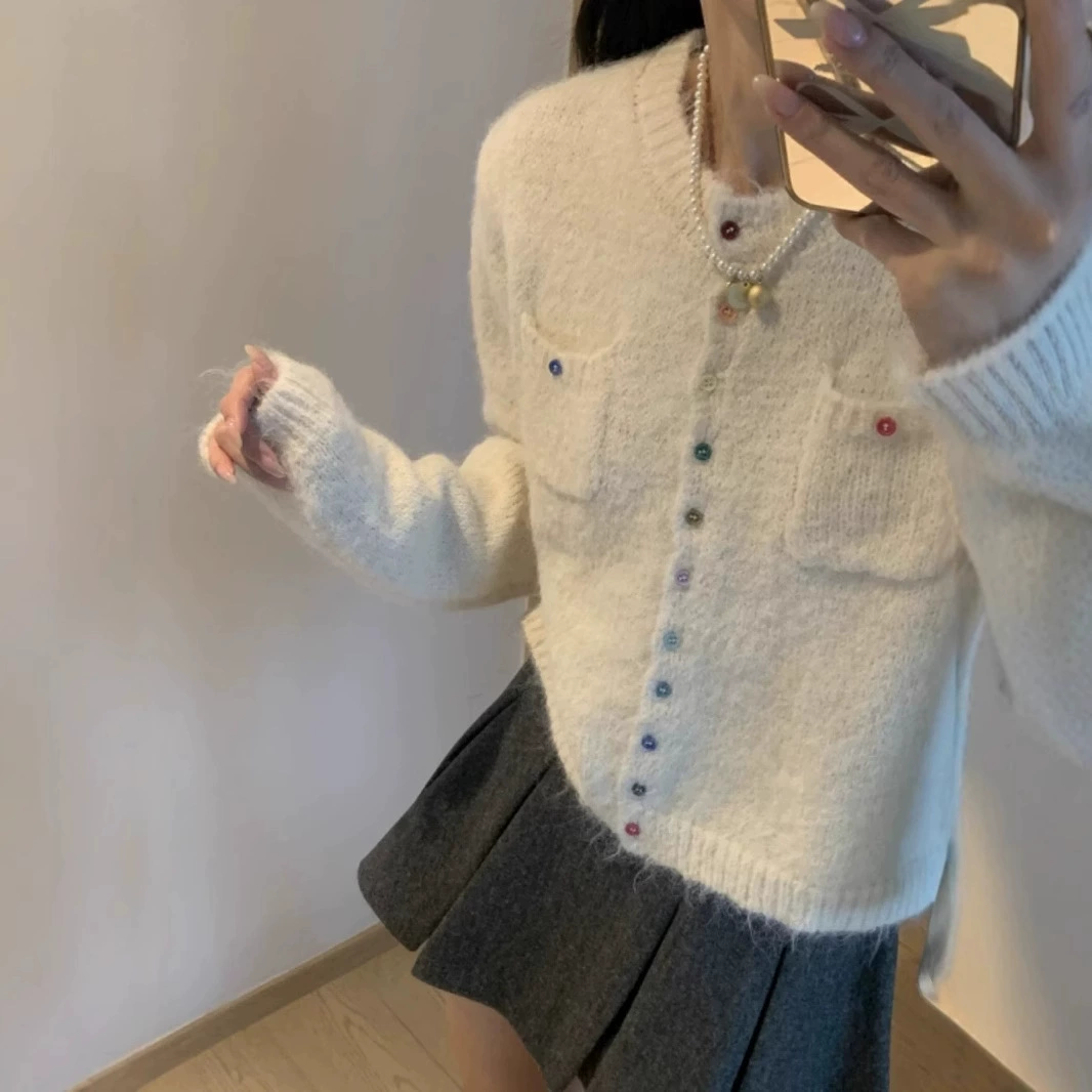 Короткий мягкий вощеный вязаный кардиган в корейском стиле для женщин, осень и зима 2025, новая верхняя одежда, свободный утягивающий свитер, куртка