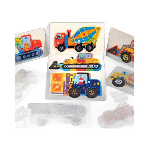 3D Wooden Engineering Car Puzzle for Toddler Early Education, with Knob and Hand-Holding Plate, Traffic Awareness Toy