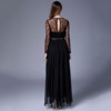 Long elegant black lace shiffon evening dress, suitable for import, V-neckline, long sleeve