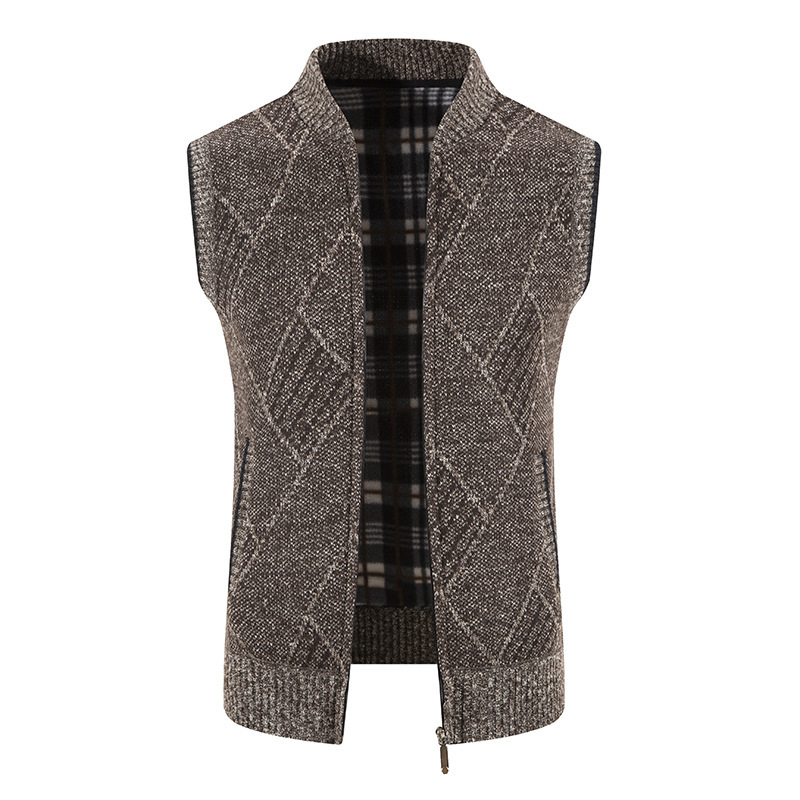 2025 Cross-Border Autumn and Winter New Men's Casual Zipper Baseball Collar Knitted Vest Fleece-Lined Warm Sleeveless Sweater